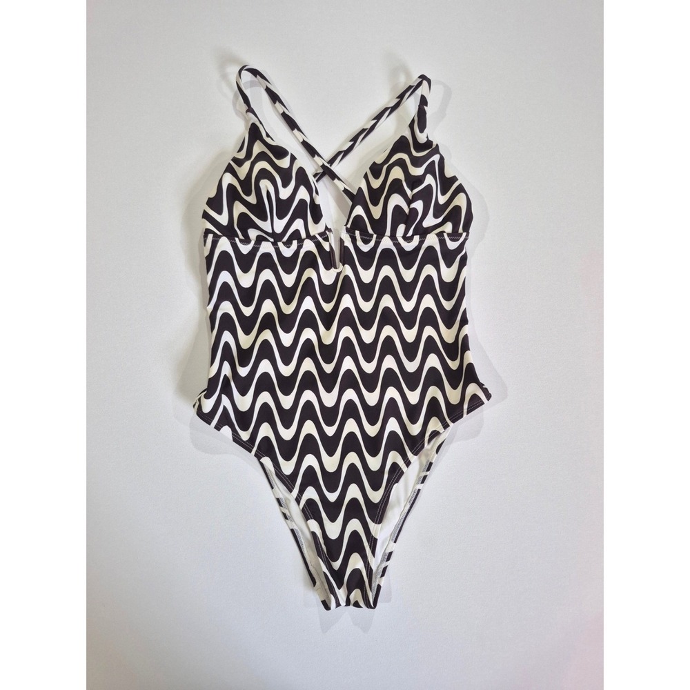 Cupshe Womens Wavy Geometric One Piece Swimsuit Black White Plunging Size M‎ NEW